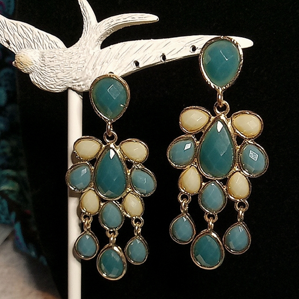 Elegant Teal and Cream Dangle Earrings